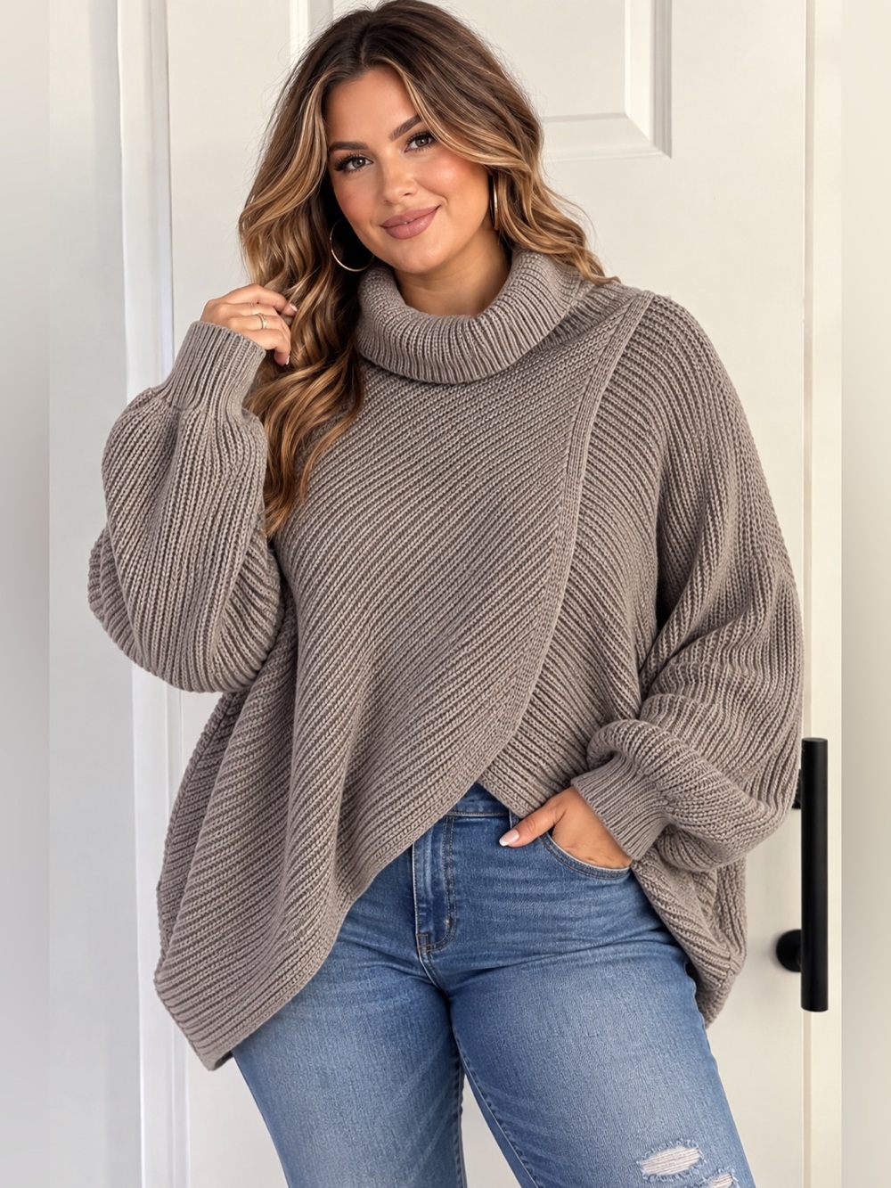 Turtleneck Asymmetric Knit Sweater in Taupe gray